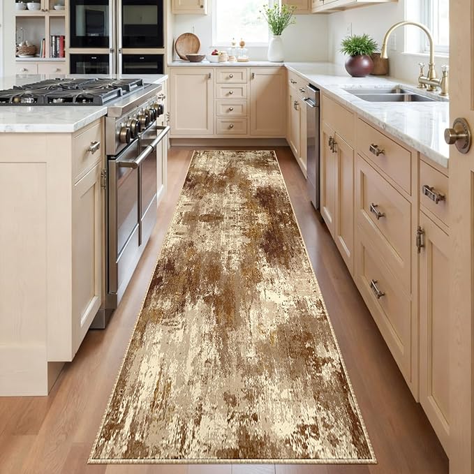 RELEANY Washable Area Rugs 2'x6' Non-Slip Modern Abstract Soft for Living Room Entryway Bedroom Nursery, Print Pattern, Brown Tan Beige Coffee