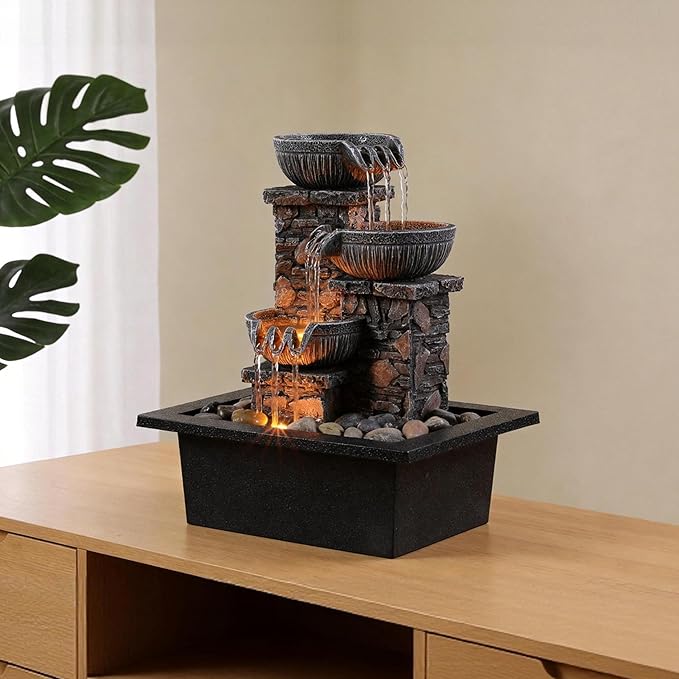 Kalona Tabletop Fountain 3 Bowls with LED Light Soothing Water Flowing Sound Fountain Zen/Meditation Home/Office Decor Home Décor Relaxation Indoor (23113)