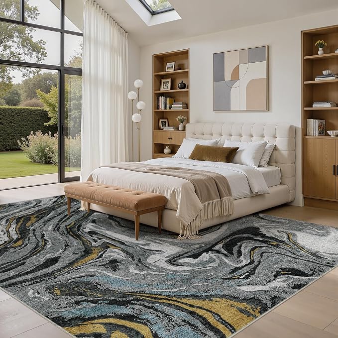DMOYEST 8x10 Area Rug for Living Room - Washable Neutral Modern Abstract Rugs Soft Non-Slip Carpet Low Pile Indoor Floor Mat for Bedroom & Dining Room Decor for Families with Kid and Pet-Black Golden