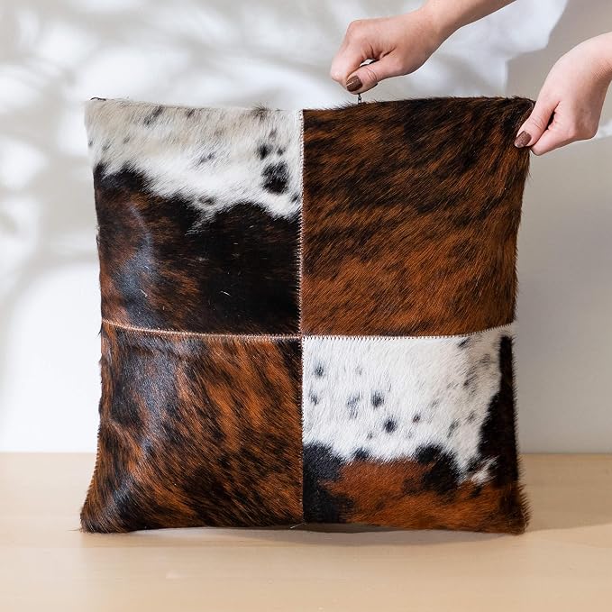 ecowhides 100% Genuine Brazilian Cowhide Patchwork Pillow – Tricolor Four Panel Design – Single-Sided – Luxury Leather Decorative Cushion for Rustic & Western Home Décor – 15” x 15”