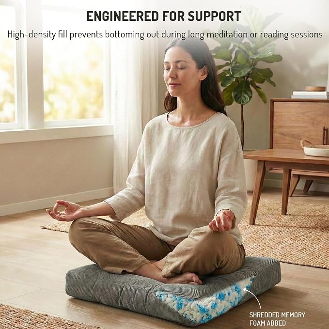 Degrees of Comfort Meditation Floor Pillow, Square Large Pillows Seating for Adults and Teens, Gray Tufted Corduroy Cushions for Yoga, Study Room, Home Office and Living Room, Grey, 22x22 Inch