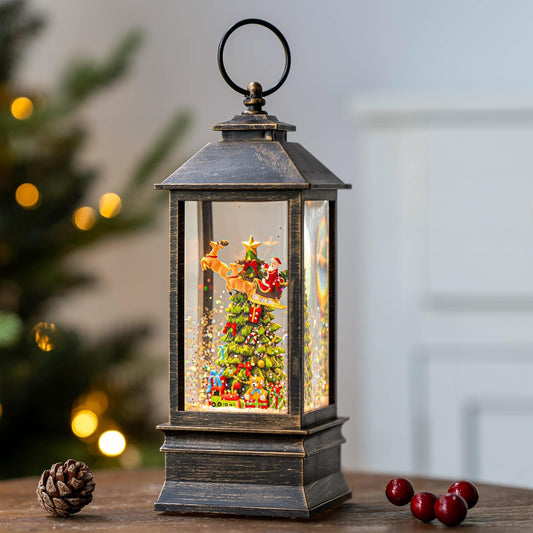 10'' Musical Snow Globe Lantern Lighted Christmas Tree and Flying Santa Water Lantern Swirling Glittering Home Decoration and Gift, Battery Operated or USB Powered