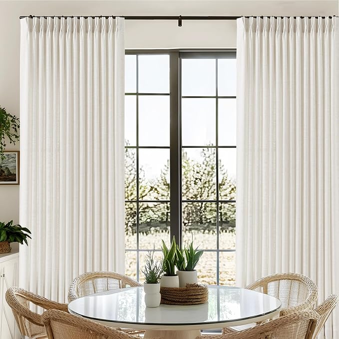 Pinch Pleated Extra Wide Linen Curtains 90 Inch Long for Sliding Glass Door, Beige White Light Filtering Curtain Thick Semi-Sheer Pleat Drapes with Hooks 60 Inch Width for Living Room Farmhouse