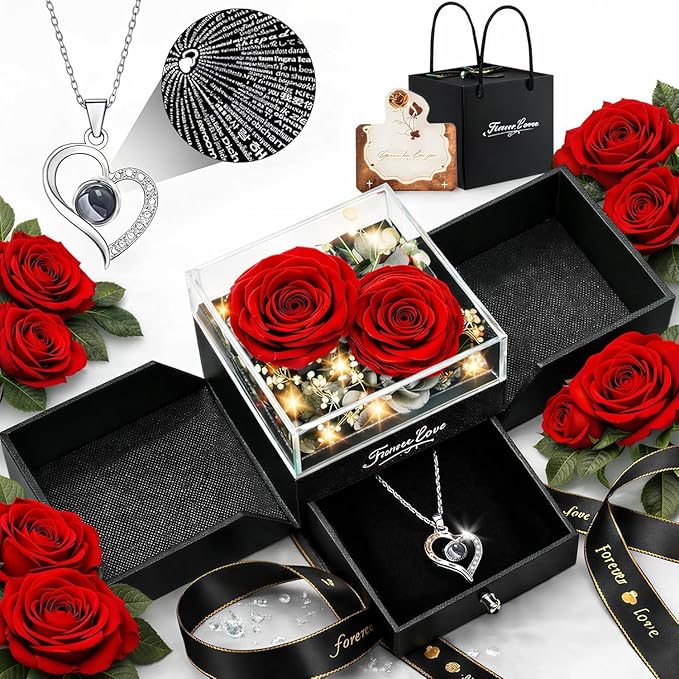 Forever Love Preserved Real Rose with Heart Necklace, for Mom, Wife, Anniversary Birthday Gifts for Women – Projects “I Love You” in 100 Languages