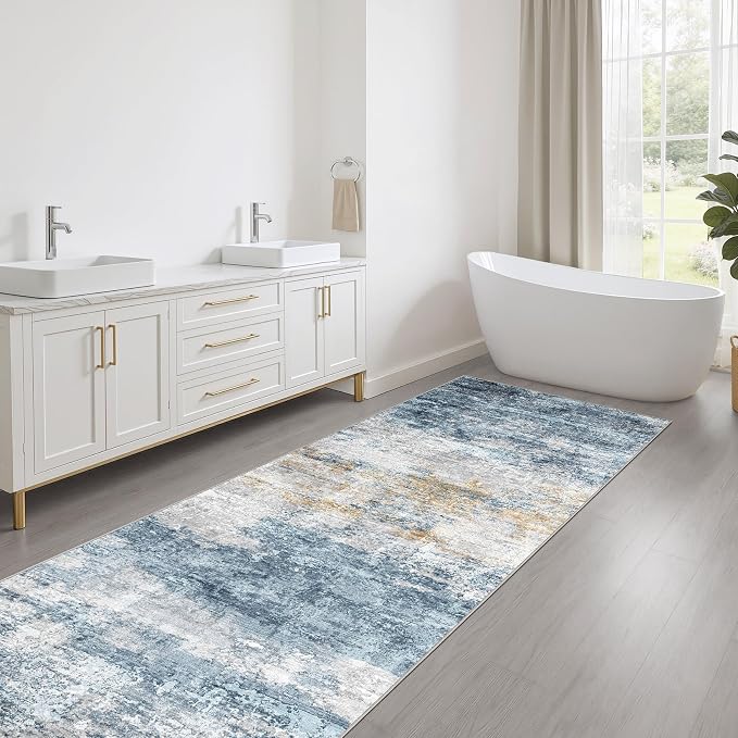 Runner Rug Non-Slip Kitchen Rug: 3x10 Washable Abstract Modern Soft Stain Resistant Indoor Floor Neutral Accent Throw Carpet for Hallway Bathroom Laundry Room Bedroom Entryway- Blue Gold