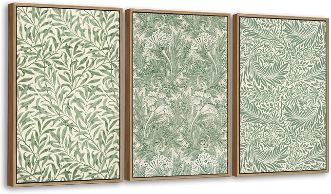 Large Flowers Wall Art for Living Room Natural Wood Float Framed Art Set of 3 William Morris Floral Canvas Picture Vintage Artwork Green Botanical Leaf Art Prints for Bedroom Wall Decoration 20"X28"X3