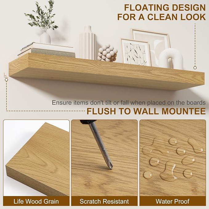 Fun Memories 55 Inch Fireplace Mantel - Long Floating Shelf, Wall Mounted Farmhouse Display with Invisible Heavy Duty Metal Bracket, Oak