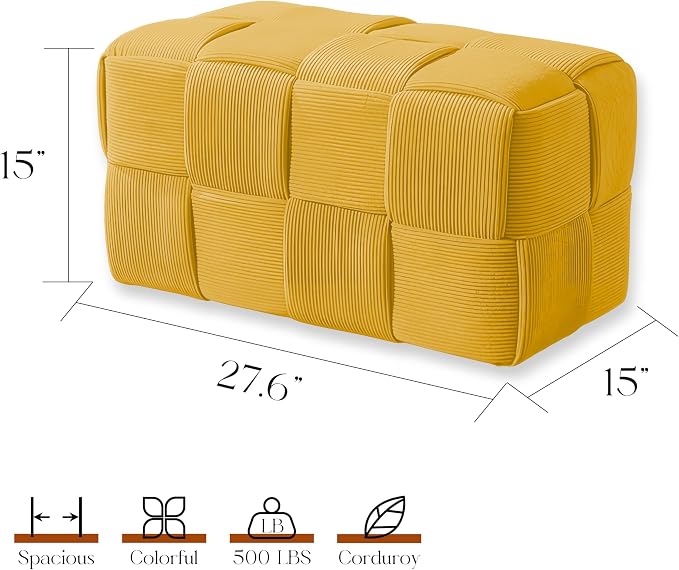 Cmishe 28" Rectangular Woven Corduroy Ottoman Footrest - Large Modern Entryway Bench & Bed End Stool, Sturdy Wood Frame, No Assembly (Yellow-L)