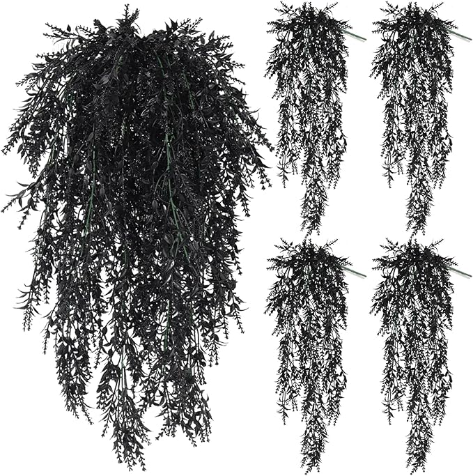 SJL Black Hanging Flowers Fake Hanging Plants Artificial Greenery Outdoor Flowers UV Resistant Fake Lavender Plant Plastic Flower Faux Vine for Garden Porch Gothic Halloween Decorations (Black)