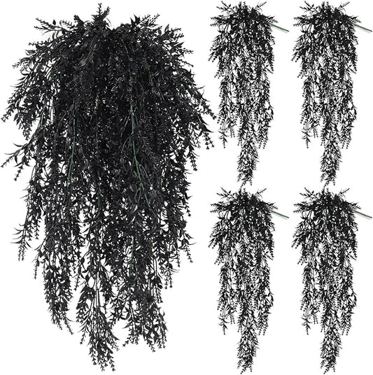 SJL Black Hanging Flowers Fake Hanging Plants Artificial Greenery Outdoor Flowers UV Resistant Fake Lavender Plant Plastic Flower Faux Vine for Garden Porch Gothic Halloween Decorations (Black)