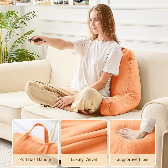Sasttie Reading Pillow, Velvet Back Pillow for Bed Sitting Up, Adult Back-Rest Support Cushion with Arms for Sit Up on Couch, Sofa, and Floor, Dorm Essentials, Reading Accessories, Orange