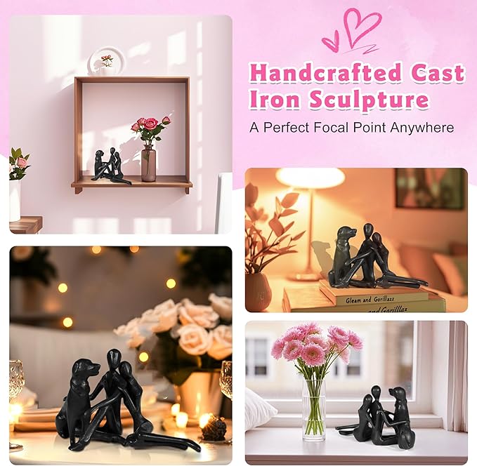 Kresecioo Sweet Couple & Dog Statue Cast Iron Sculpture Decor, Wedding Anniversary Love Gifts for Couple Women Men Wife Husband Her Him Girlfriend, Mothers Day for Wife Husband Birthday Gifts