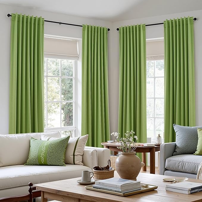 Guken Lime Green 100% Blackout Linen Curtains 108 Inch Length 2 Panels Set for Living Room Bedroom Back Tab/Rod Pocket Thermal Insulated Farmhouse Black Out Drapes Room Darkening,52x108