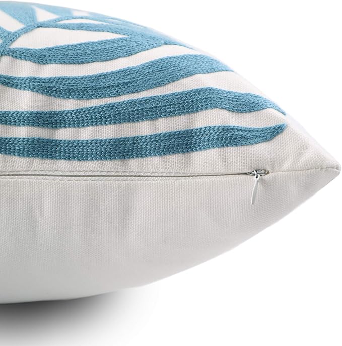 Embroidery Throw Pillow Cover 18x18 Light Blue Tropical Leaf Home Décor Turquoise Cushion Cover for Couch 45x45 100% Cotton Floor Pillowcase Teal Plant Monstera Leaf Loop, 1 Piece