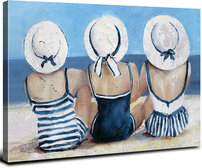 Navy Blue Coastal Canvas Wall Art Beach Wall Decor for Girls Bedroom Rustic Ocean Landscape Painting Bathroom Picture Nautical Seaside Swimsuit Poster Artwork Living Room Kitchen Decoration 20x30"