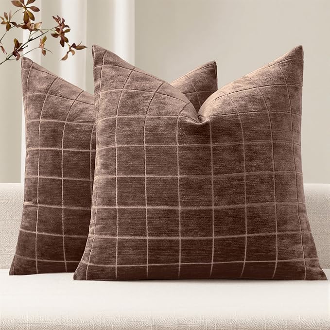 MIULEE Decorative Chenille Check Throw Pillow Covers Vintage Plaid Couch Pillows 18x18 Inch Set of 2 Neutral Boho Farmhouse Cushion Covers Modern Home Decor for Sofa Bed Living Room Reddish Brown