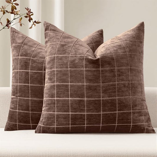 MIULEE Decorative Chenille Check Throw Pillow Covers Vintage Plaid Couch Pillows 18x18 Inch Set of 2 Neutral Boho Farmhouse Cushion Covers Modern Home Decor for Sofa Bed Living Room Reddish Brown