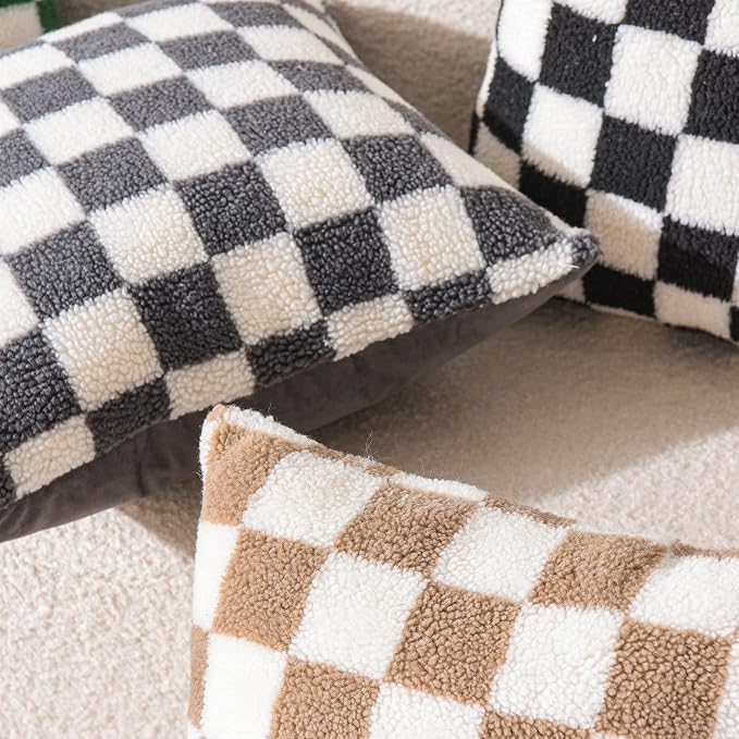 WACOMECO Decorative Throw Pillow Covers - Soft Sherpa Checkerboard Cushion Covers Faux Fur Pillow Cases for Sofa Bedroom Livingroom Car, 18 x 18 in, Grey and Off White