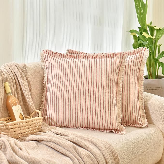 ZWJD Red Throw Pillow Covers 20x20 Set of 2 Striped Pillow Covers with Fringe Chic Cotton Decorative Pillows Square Cushion Covers for Sofa Couch Bed Living Room Farmhouse Decor