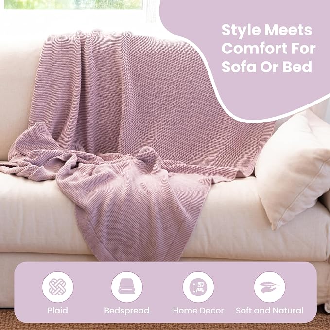 Dalisa 100% Organic Turkish Cotton Throw Blanket Lavender Frost– GOTS Certified, Cozy, with Reusable Cotton Gift Bag – Perfect for Couch, Bed, and Home Decor – Boho Vintage Knit Alina
