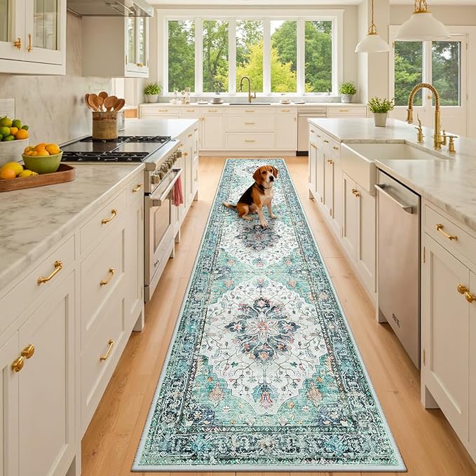 RELEANY Area Rugs 2'x10' Runner Rug Non Slip Washable for Kitchen Hallway Bedroom Beside Laundry Room Bathroom Rug, Floor Carpet, Green Navy Blue White Red Teal Colorful