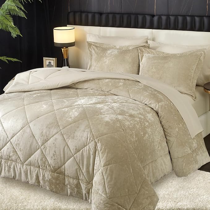 Ivellow Queen Comforter Set 7 Pieces Bed in a Bag Crushed Velvet Comforter Set Flannel Queen Beige Comforter Ultra Soft Breathable Luxury Soft Warm Winter Bedding Set with Sheets, Pillowcases & Shams