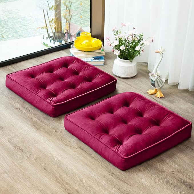 1 MIDDLE ONE Floor Pillow Set of 2, Memory Foam Meditation Cushion, Floor Cushions for Adults Sitting, Large Square Seat Cushions for Yoga, Living Room, 22x22 Inch (Burgundy)