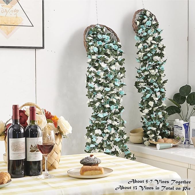 PONKING 6 Pcs x 8.2 ft Flower Garland Artificial Rose Vine Flowers with Green Leaves Hanging Fake Roses Vine for Room Party Home Wedding Birthday Christmas Wall Arch Decor, White Blue Flower