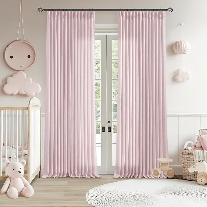 TWODRAPES Pinch Pleated Pink Linen Curtains 120 Inches Long for Girls Bedroom Living Room Light Filtering Extra Long Pleated Semi Sheer 120 Inch Curtains Drape Window Panels Pink Blush Babys Nursery