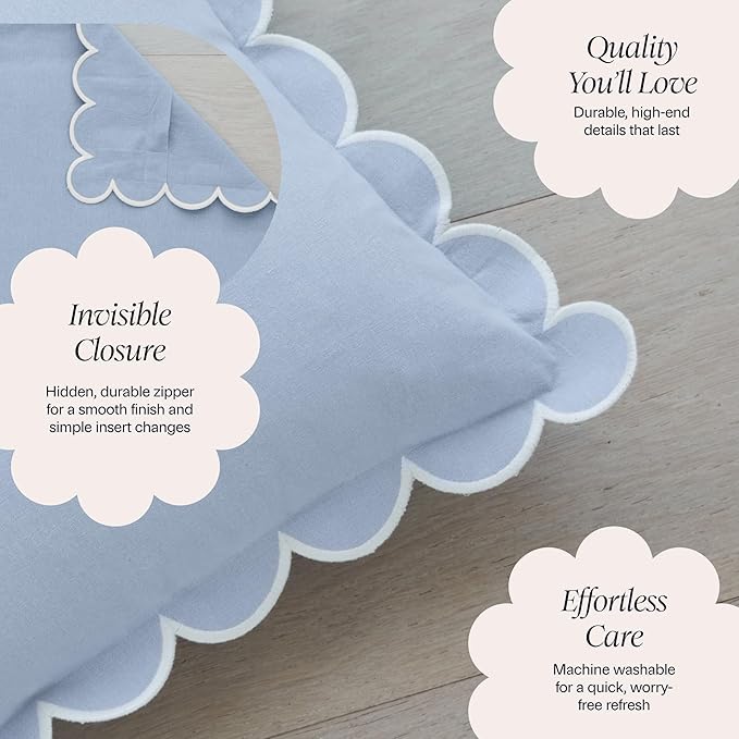 BEBE BASK Blue Scalloped Pillow Cover - Set of 2-18 x 18 Inch - Scallop Pillow Cover - Scalloped Pillows - Scallop Pillows - 100% Cotton - Grandmillennial Style (Sky Blue/White)