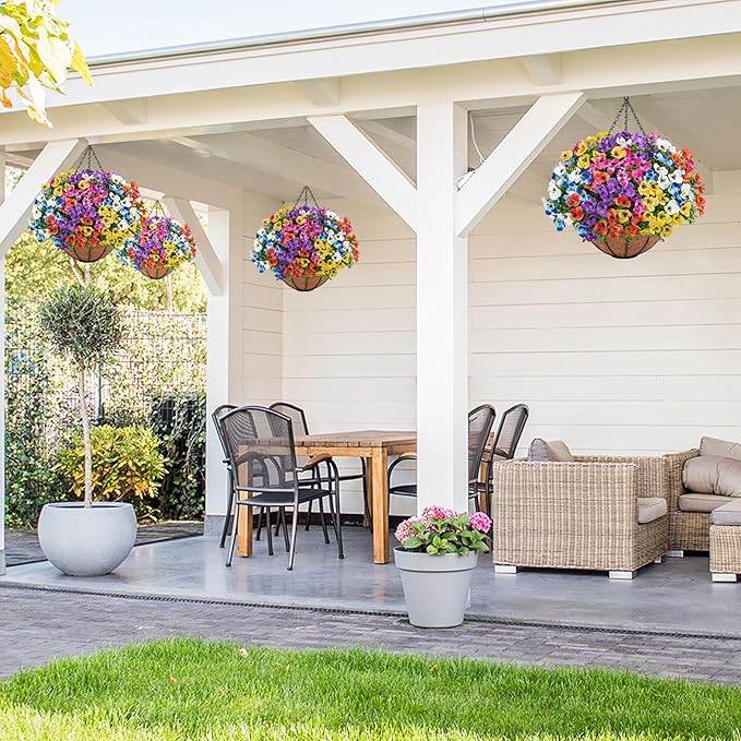 Artificial Hanging Flowers with Baskets for Outdoors, Fake Silk Pansy Flowers UV Resistant Faux Hanging Plants for Front Porch Patio Yard Home Spring Summer Decoration, Multicolor