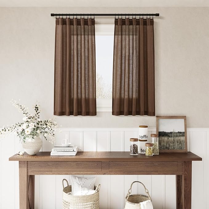 Caramel Brown Kitchen Short Linen Curtains 36 Inch Length 2 Panels Semi Sheer Linen Light Filtering Valances Back Tab Rod Pocket Design for Small Windows Drape Cafe Bathroom Laundry Room RV 30Wx36L