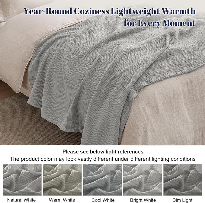 PHF 100% Cotton Muslin Blanket Twin XL Size 66"x90", 4-Layer Lightweight Gauze Throw, Breathable Cloud-Soft Minimalist Blanket for Bed, Couch, Camping & Baby, Light Grey, Ideal Gift