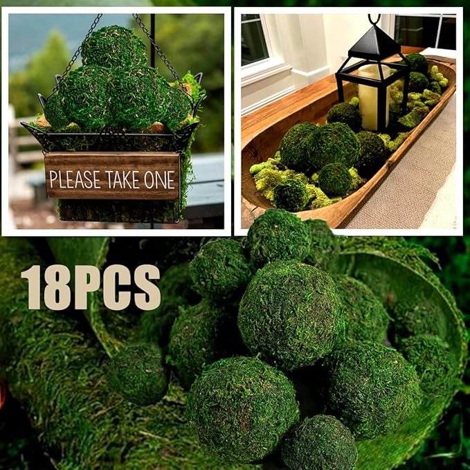 BYHER Moss Balls, 18 PCS Decorative Balls for Centerpiece Bowls - 6pcs 3.2" Natural Dried Balls+ 12pcs 2" Green Moss Balls Vase Bowl Filler (Set of 18)