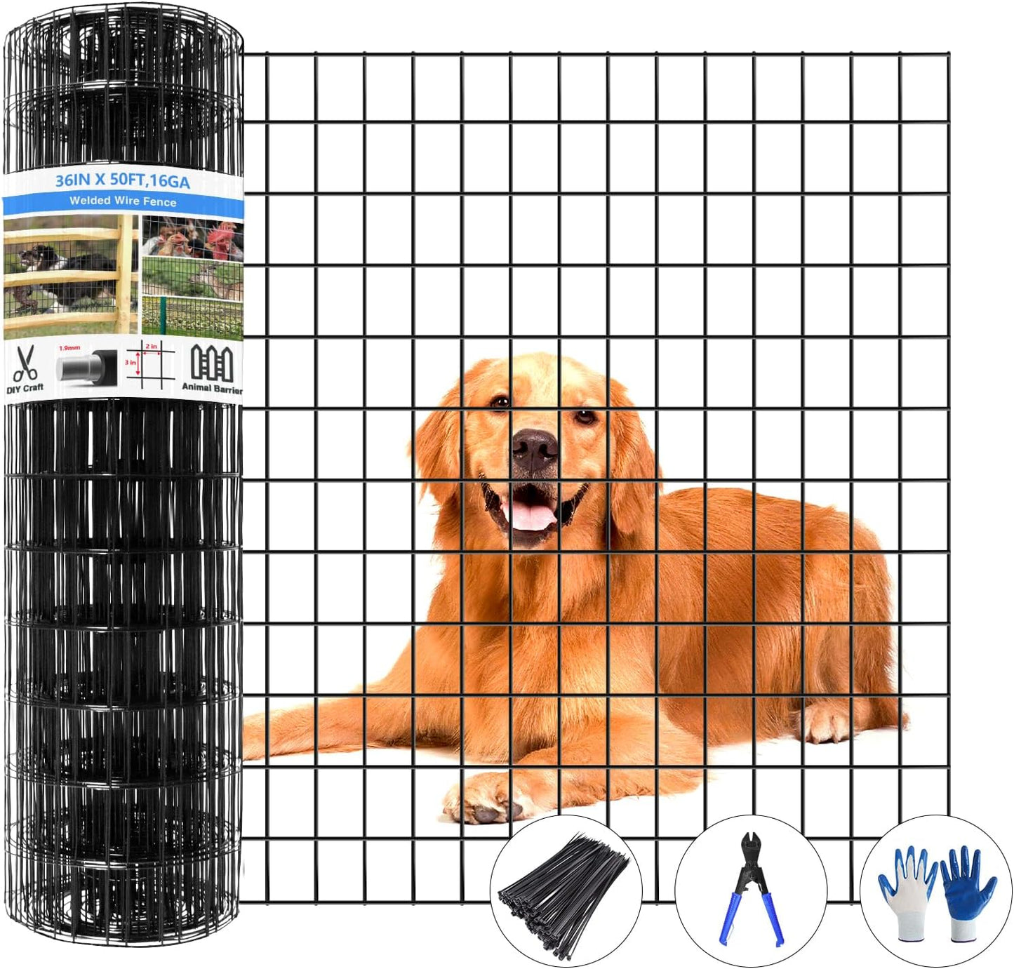 Welded Wire Fence, 50ft(L) x 36inch(H) PVC Coated Wire Fencing for Dog, 2 Inch x 3 Inch 16GA Fencing for Chicken, Anti-Rust Roll Metal Wire Mesh Fence for Yard Vegetable, Black