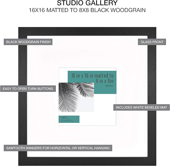 MCS Studio Gallery 16x16 Wood Poster Frame Black Woodgrain Engineered Wood, Vertical & Horizontal Wall Hanging Large Picture Frame for Photos, Posters & Art Prints (2-Pack)
