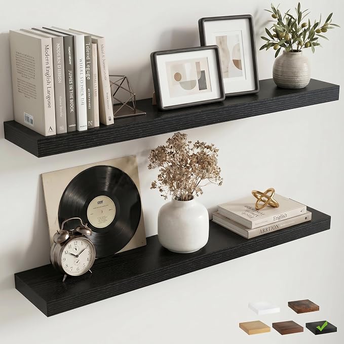Venusmiles Floating Shelves for Wall, 36 Inch Floating Shelves Set of 2, 6.5" D Wooden Wall Mounted Display Shelves with Invisible Brackets for Living Room, Bedroom, Bathroom, Kitchen Decor, Black