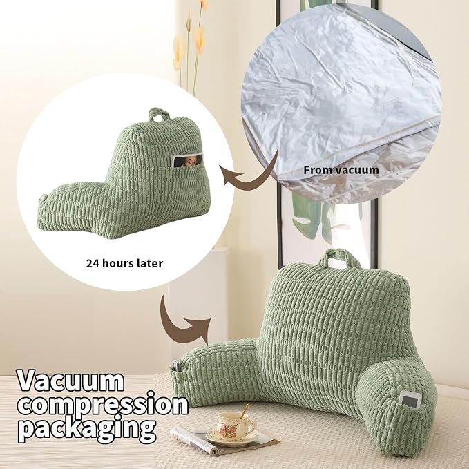 Large Reading Pillow for Sitting Up with Arms,Green Corduroy | Back Pillow for Adults Backrest,19" Sitting Pillow Supports Reading,Gaming & Relaxing in Bed,Couch,Floor