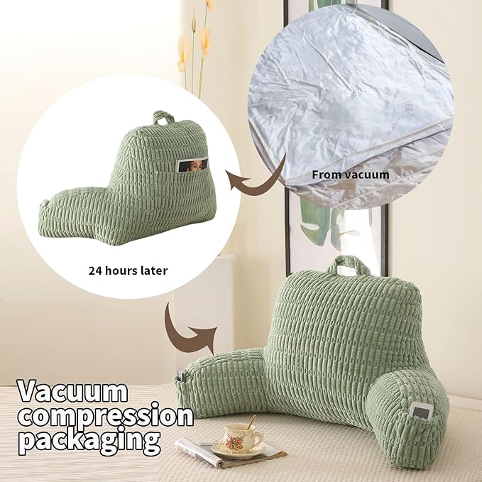 Reading Pillow for Sitting in Bed with Arm,Green Corduroy,M | Sitting Pillow for Teens Back Support,17" Backrest Pillow Supports Reading,Gaming & Relaxing in Bed,Couch,Floor