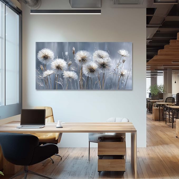 Ggaafet White Dandelion Wall Art for Bedroom Canvas Oil Painting Prints Beautiful Dream Flower Floral Blooming Art Deco Modern Artwork Office Family Dining Room Decor