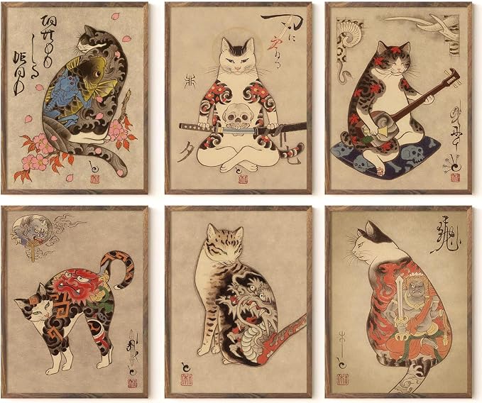 Japanese Cat Wall Art Samurai Cat Canvas Poster Anime Wall Decor Asian Prints Japan Painting Japanese Home Poster Tattoo Fantasy Artwork Funny Pictures for Living Room Bedroom 8x10x6 Inch Unframed
