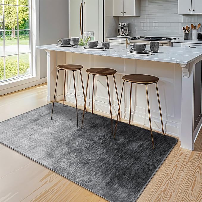 4x6 Washable Area Rug, Gray Solid Area Rugs for Living Room & Bedroom | Stain-resistant & Non-slip backing,Low Pile Washable Large Carpet, Solid Vintage Style For High Traffic Areas(4x6,Gray)