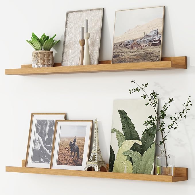 Picture Ledge Shelf, Floating Shelves Set of 2, 36 Inches Nursery Book Shelves for Toys Storage, Kids Bookshelf Wall Mounted for Living Room Bedroom Decor Books Photo Frames, Natural Oak