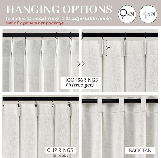 Beige White Linen Extra Wide Sheer Curtains 70 x 90 Inches Long 2 Panels Set for Bedroom, Pinch Pleat Light Filtering Summer Heat Curtain with Ceiling Track Off White 90 Inch Length Sliding Door Burg