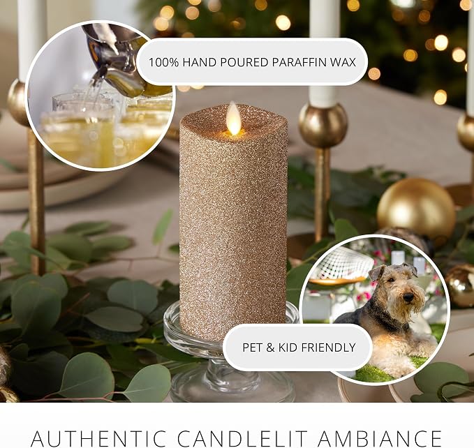 Luminara Realistic Artificial Flame Gold Glitter Pillar Candle - Moving Flame LED Battery Operated Lights - Unscented - Remote Ready - Remote Sold Separately - 3" x 6.5"