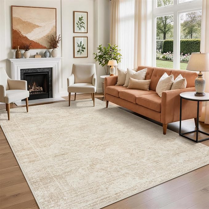 8x10 Area Rugs for Living Room Rug Washable: Abstract Large Rug for Dining Room Bedroom Carpet Non Slip 8 by 10 Indoor Modern Nursery Home Office Beige