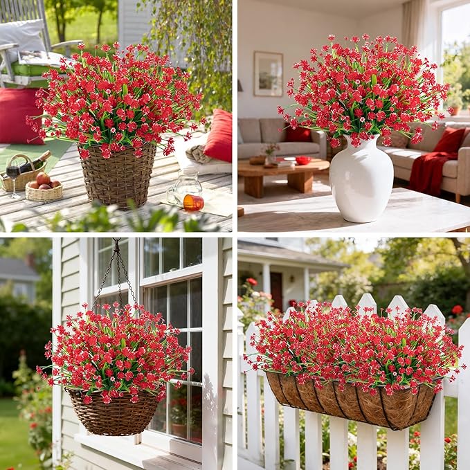 Ouddy Decor 12 Bundles Artificial Flowers for Outdoors UV Resistant Fake Plastic Plants Faux Greenery Stems for Spring Summer Indoor Garden Patio Window Box Kitchen Home Decor, Red