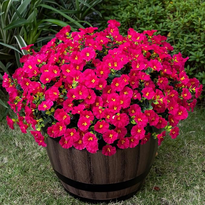 Nigirior Artificial Faux Flowers for Outdoor 16 Bundles Boxwood Fake Morning Glory for Planter,UV Resistant Fake Flowers for Home Porch Patio Outside（Rose Red）