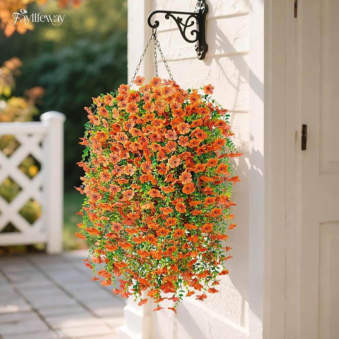 Artificial Hanging Flowers for Outdoors Fall Decoration, 4PCS UV Resistant Faux Silk Hanging Plants for Outside, Garden, Porch, Window, Home Decor (Orange, 4PCS)