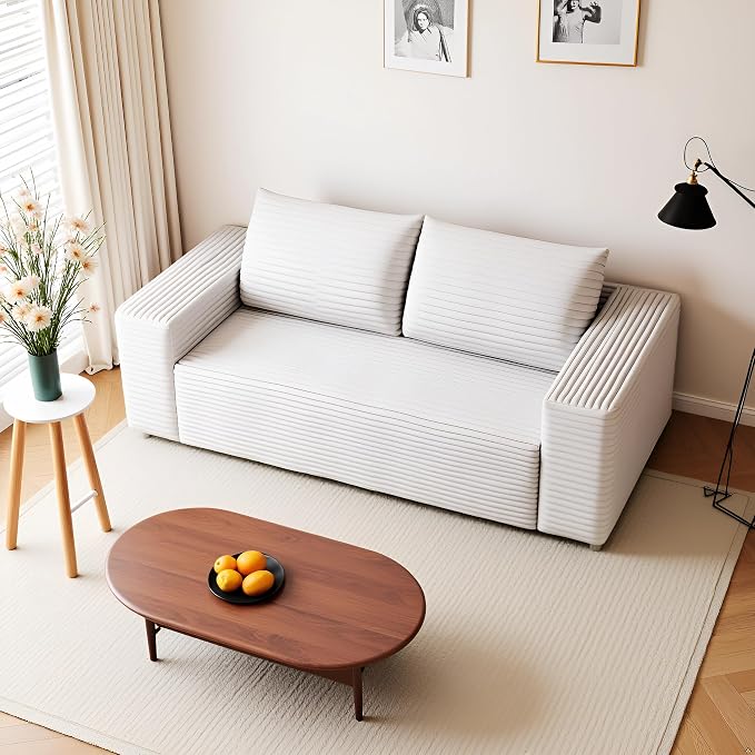 JINGLING 71" Small Couches for Small Spaces, Memory Foam Loveseat Corduroy Couch in a Box, Compressed Boneless Sofa for Living Room Bedroom, Apartment Furniture, No Assembly Required, White